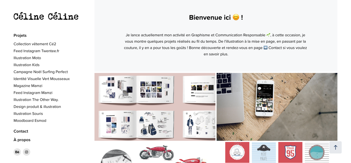 Capture d'écran du portfolio montrant des projets de graphisme et de communication.